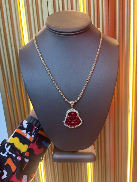 14K Red Buda Pendant With Ice Chain by GDO