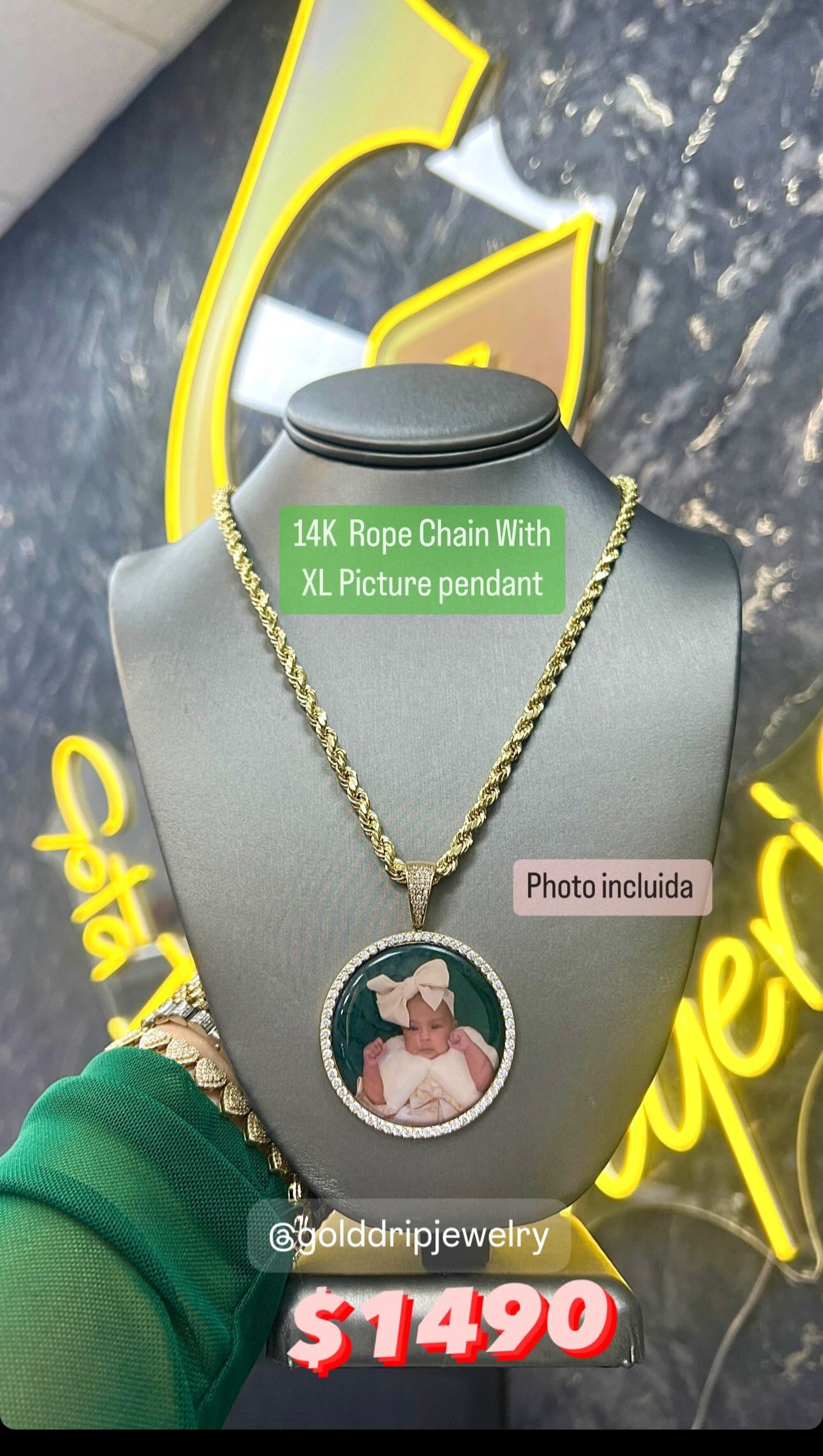 14K Rope Chain With XL Picture Pendant By GDO