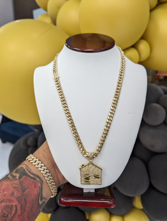 14k Cuban chain with trap house pendant with cz