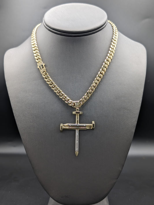 14k Semi Solid Cuban chain with Cross Pendant