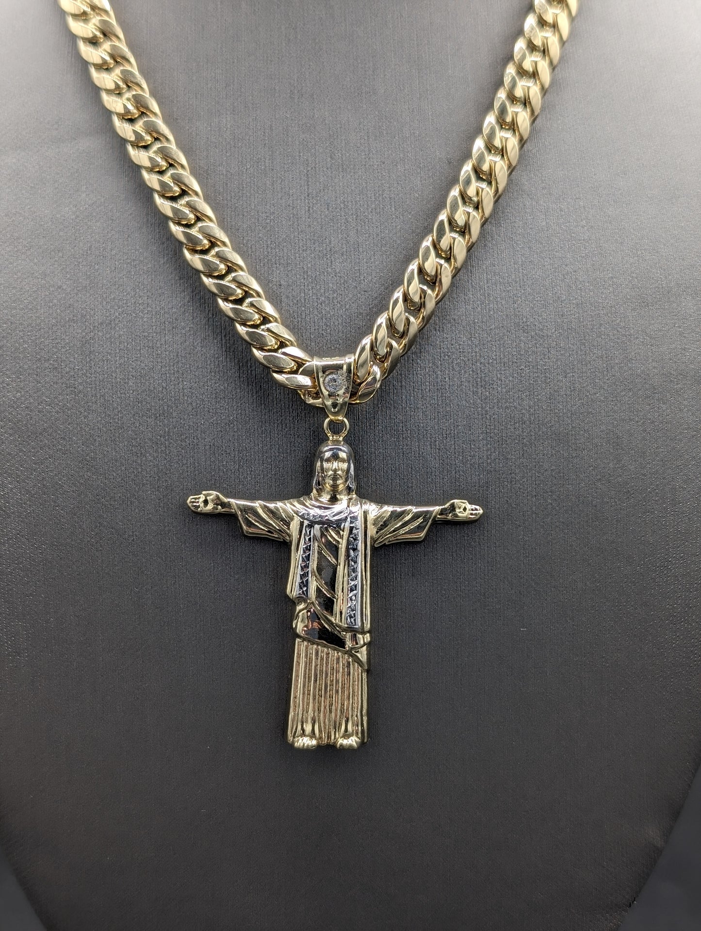 14k Semi Solid Cuban chain with Jesus Pendant