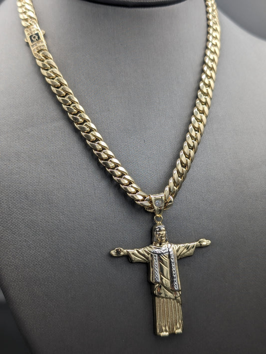14k Semi Solid Cuban chain with Jesus Pendant