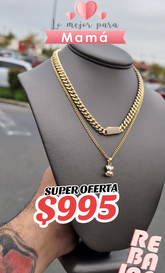 14k Cuban Choker with cuban chain and teddy bear pendant *Mothers day sale*